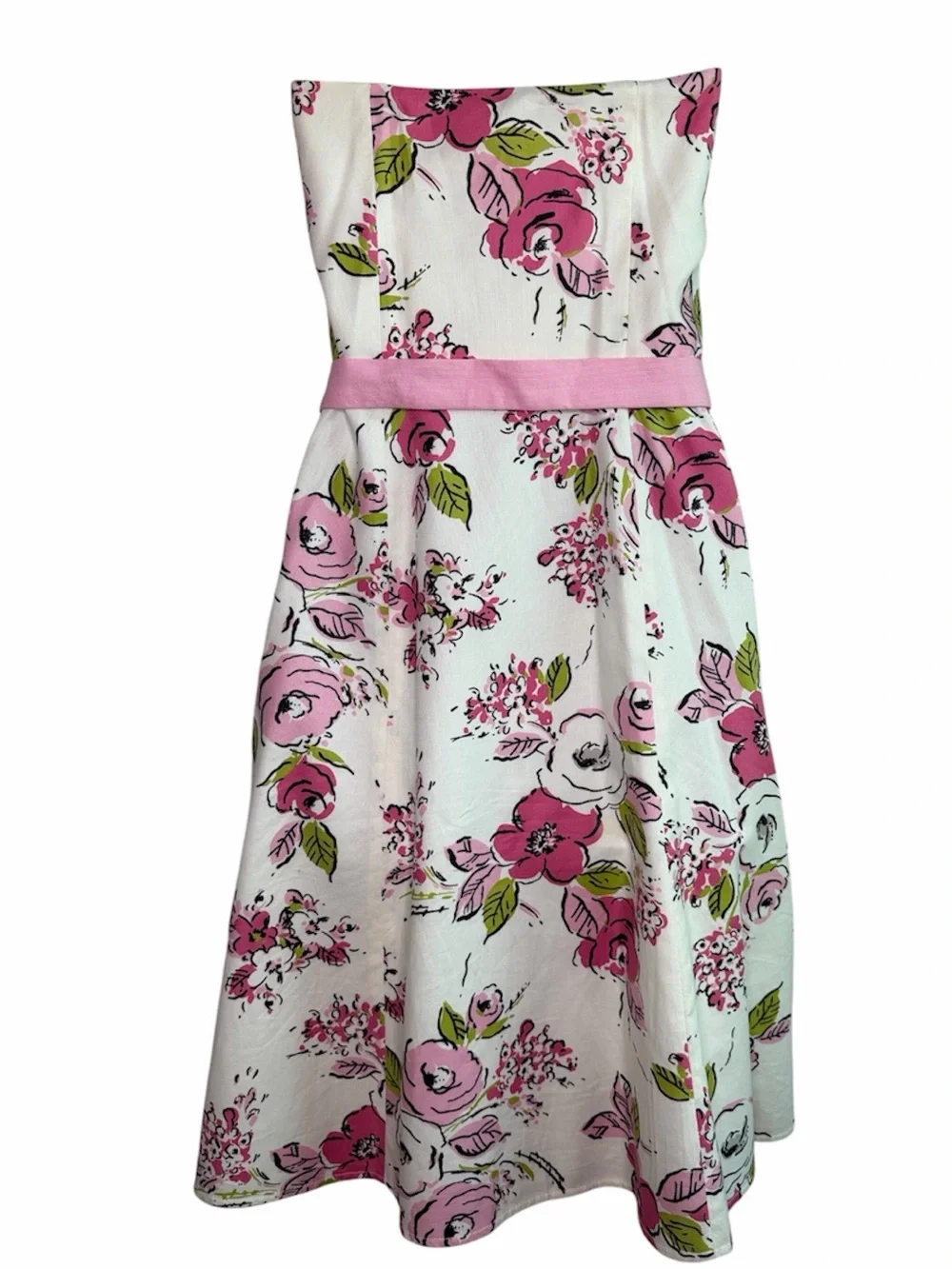 VINTAGE LOFT Cream Pink Green Floral Strapless Fit & Flare Dress Silk Cotton 4